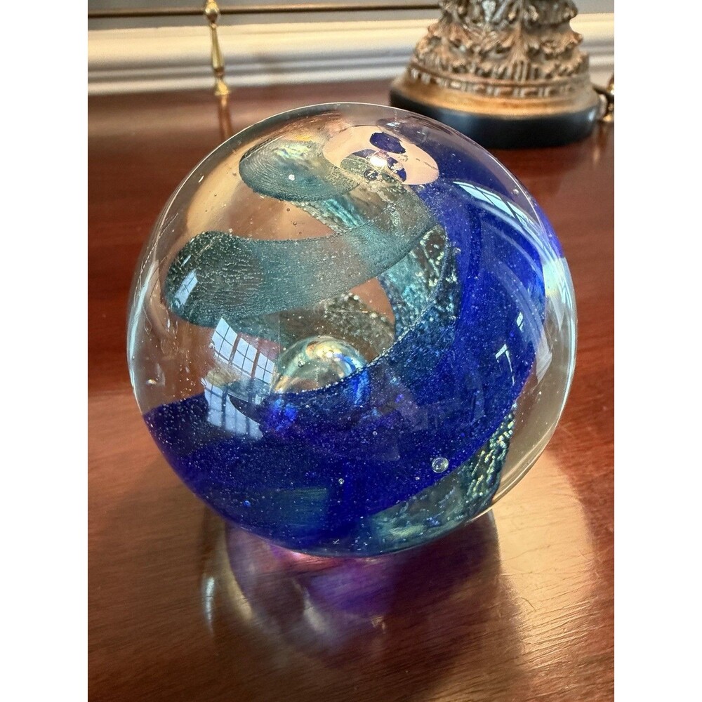 Vintage Art Glass Hand Blown Paperweight Blue and Turquoise Swirls Bubbles